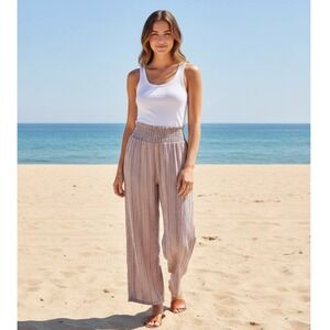 Billabong Womens Striped Smocked High Waist Wide Leg Texture Gauzy Large